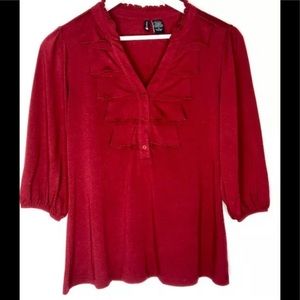 Crave Red Blouse 3/4 Elasticized Sleeves Ruffled Neckline & Chest Size Medium